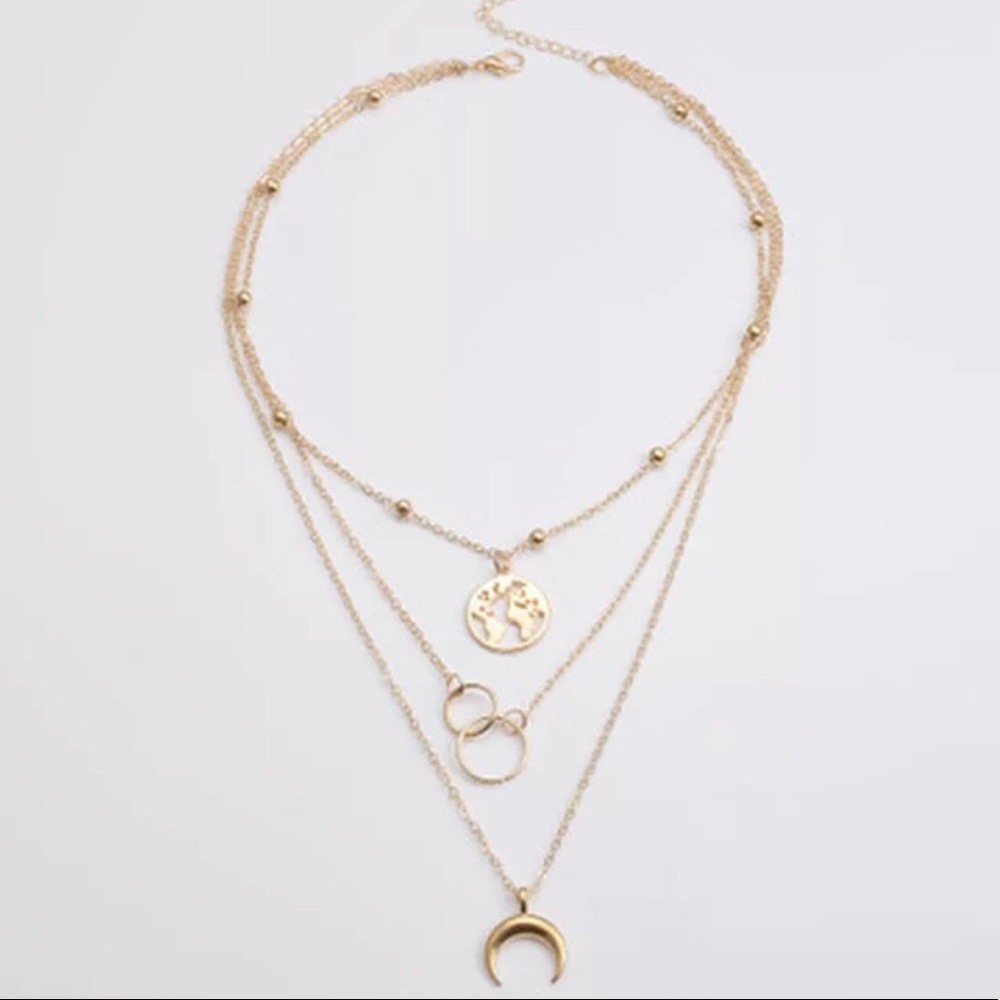 Gold World & Moon Layered Necklace - Picture 2 of 3